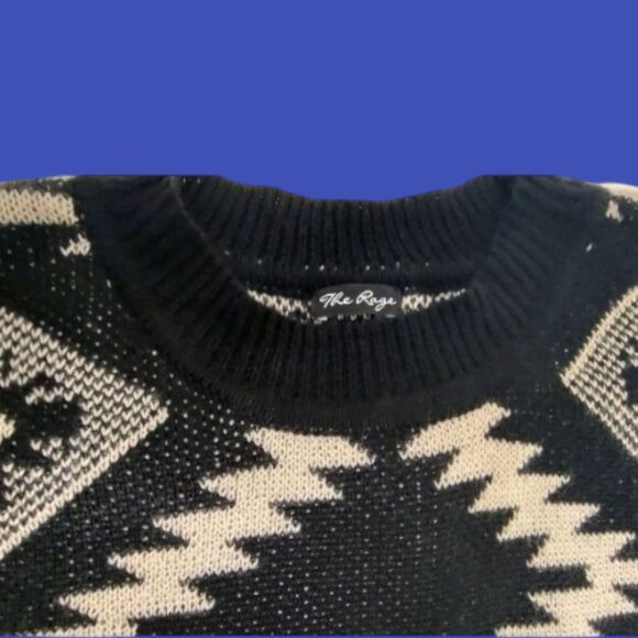 Retro Geometric Soft Tan & Black Sz MED Vintage Pullover Light Sweater The Rage - Picture 7 of 11
